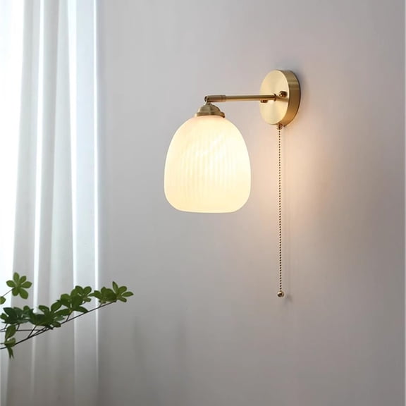 Antique Brass Wall Sconce with Pull Chain Mid Century Sconce Milk Glass Wall Light Fixture Adjustable White Frosted Glass Vintage Wall Mounted Lamp for Bedroom Living Room Farmhouse