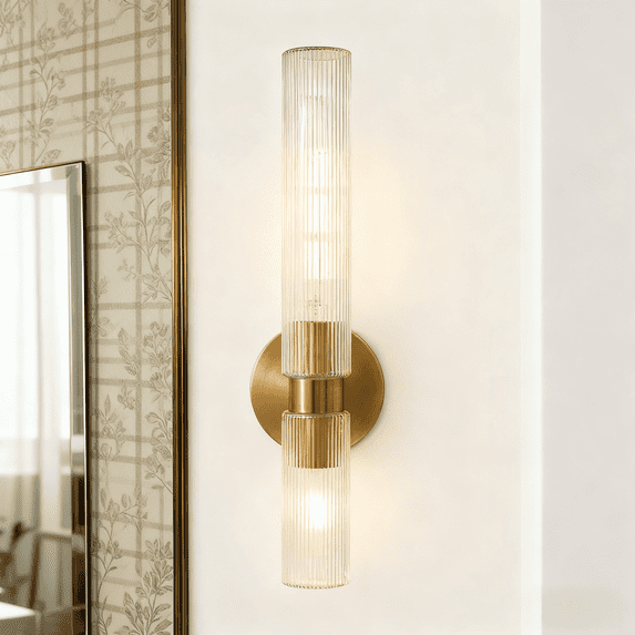 Rich Modern Finish Fluted Glass Double Sconce with Metal Canopy, Antique Brass Finish Wall Sconces, Wall Lights for Bedroom, Bathroom, Indoor/Outdoor Sconce
