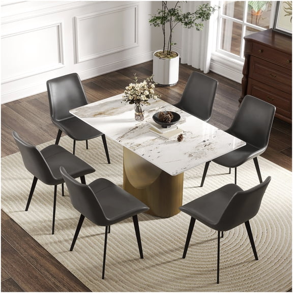 Antique Brass and White Dining Table, 55 inch Sintered Stone Top with Metal Legs, Modern Design for 6 People