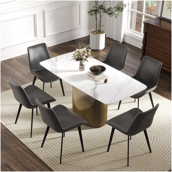 Antique Brass and White Dining Table, 63 Inch Sintered Stone Top with Curved Metal Base for Modern Homes