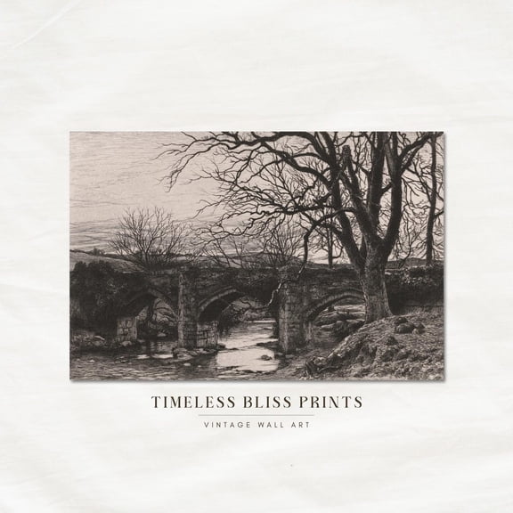 Antique Bridge River Print Antique Neutral Wall Art Vintage Stream Landscape Printable Moody Tree Etching Wall Decor Poster Decor, Unframed Poster Size 8x12 F03.1.22l117