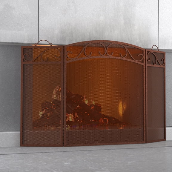 Antique Bronze 3-Panel Wrought Iron Fireplace Screen with Scrollwork