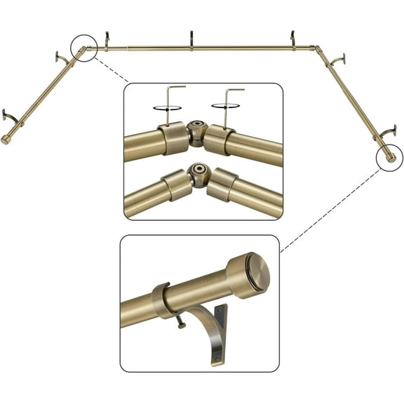 Antique Bronze Bay Window Curtain Rods with Aluminum End Cap Finials and Brackets,Adjustable 36-72 Inch Center Rod for windows (24-68), 20-36 Inch Side Rods for windows (16-32)