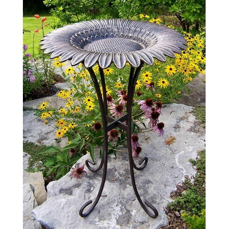 Antique Bronze Bird Bath w Sunflower Bowl & Four Leg Base