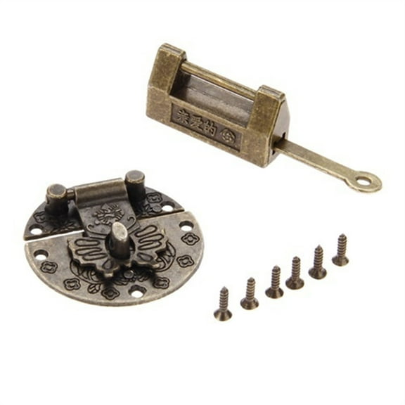 Antique Bronze Chinese Old Lock Wooden Box Padlock with Vintage Box Latch Hasp Home Furniture Buckle Clasp Lock Hardware