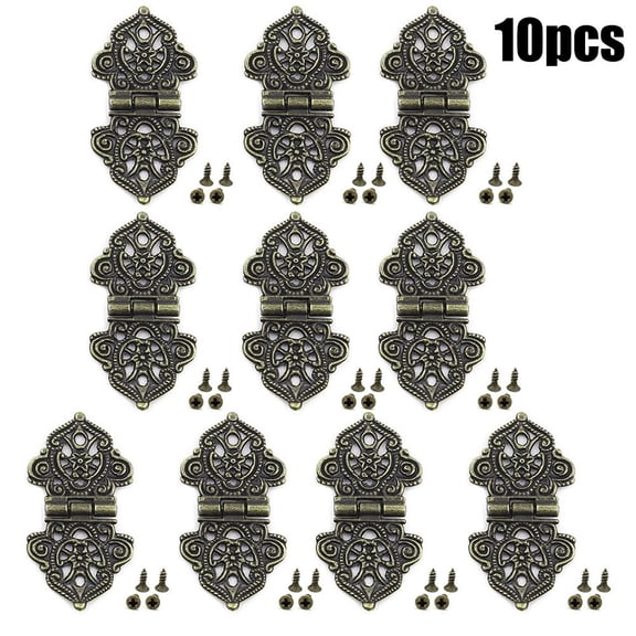Antique Bronze Door Hinges 10 Pack, Decorative Zinc Alloy Hardware for Wooden Boxes, Cabinets, Vintage Jewelry Chests, 53x28mm/2.09x1.10inch with Screws Included