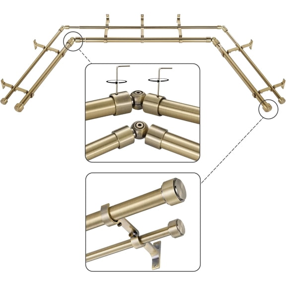 Antique Bronze Double Corner Window Curtain Rods with Aluminum End Cap Finials and Brackets,1 Inch Diameter Dual Bay Window Curtain Rods, Adjustable 2 Sided 32-58" and 32-86 Center Double Rod
