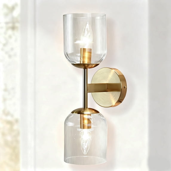 Antique Bronze Double Sconce with Ribbed Glass Shades and Bell-Shaped Design for Durable Indoor Lighting Double Sconce Ribbed Glass Shades , Bathroom Sconce , Wall Lights for Bedroom