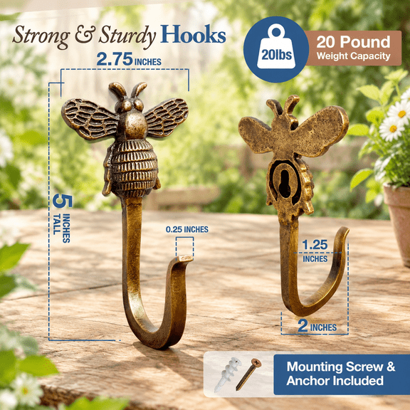 Antique Bronze Honey Bee Hook - Single - 5 Inch Cast Iron Heavy Duty Decorative Wall Hook