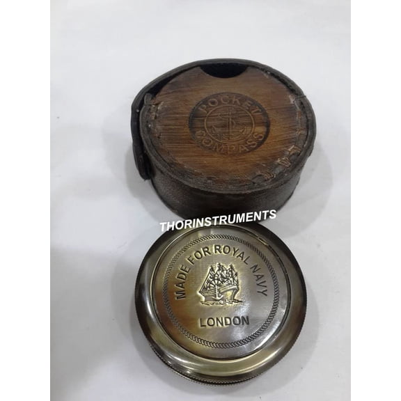 Antique Bronze Marine Royal Navy Pocket Compass Brown leather Case