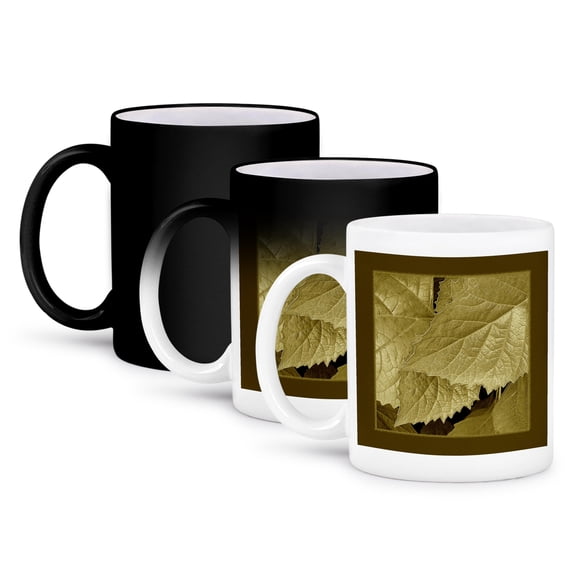 3dRose, Antique bronze metallic leaves with bark brown frame, 11oz Magic Transforming Mug