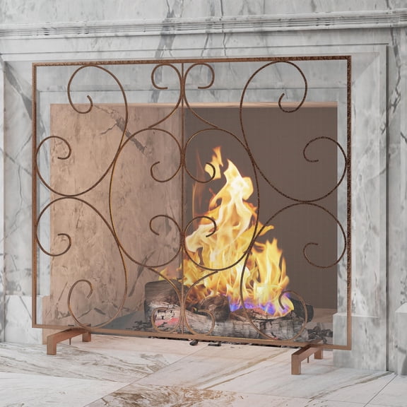 Antique Bronze Single Panel Fireplace Screen Handcrafted Metal Mesh