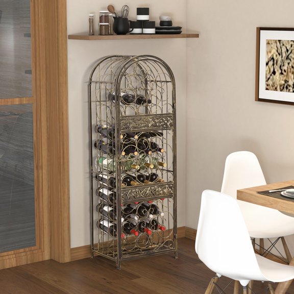 Antique Bronze Wrought Iron Wine Rack with Lock - Holds 45 Bottles, Floor Standing Wine Storage for Kitchen, Dining Room, Home Bar
