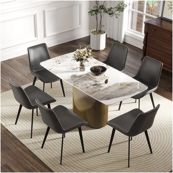 Antique Bronze and White Dining Table, 63" Sintered Stone Top with Curved Metal Base for Modern Dining
