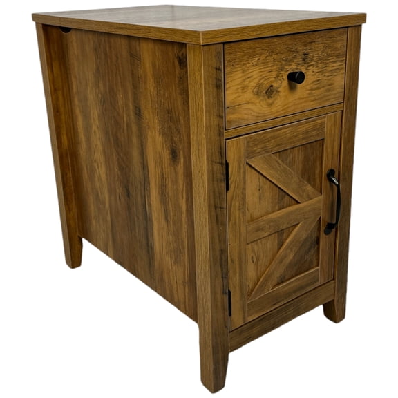 Antique Brown End Table, With Charging Function, Barn Door And Drawer For Bedroom Living Area Table Station. Color. Generous Storage Space & Cabinet. Particleboard. Simple Assembly Cleaning Steps