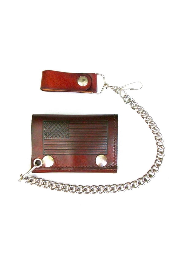Men's Antique Brown Leather Chain Wallet, Embossed USA Flag Tri-Fold