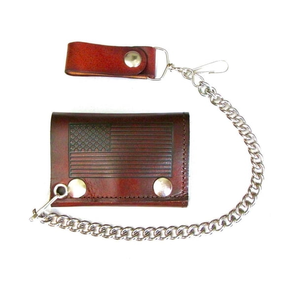 Men's Antique Brown Leather Chain Wallet, Embossed USA Flag Tri-Fold