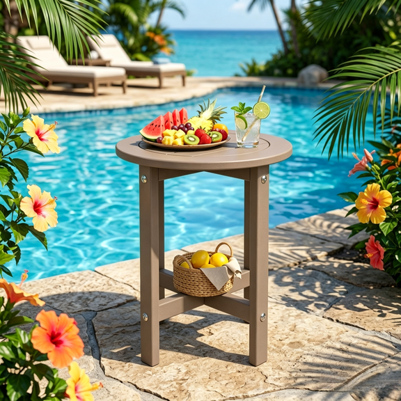 Antique Brown Outdoor Side Table, 15.94 Inch All-Weather Patio End Table, Compact Square Weather Resistant Accent Table for Yard, Garden, Porch and Backyard Decor