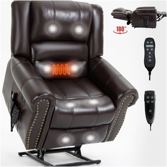 Antique Brown Power Lift Recliner Chair with Heat Massage, Dual Motor & USB Charging for Elderly Support