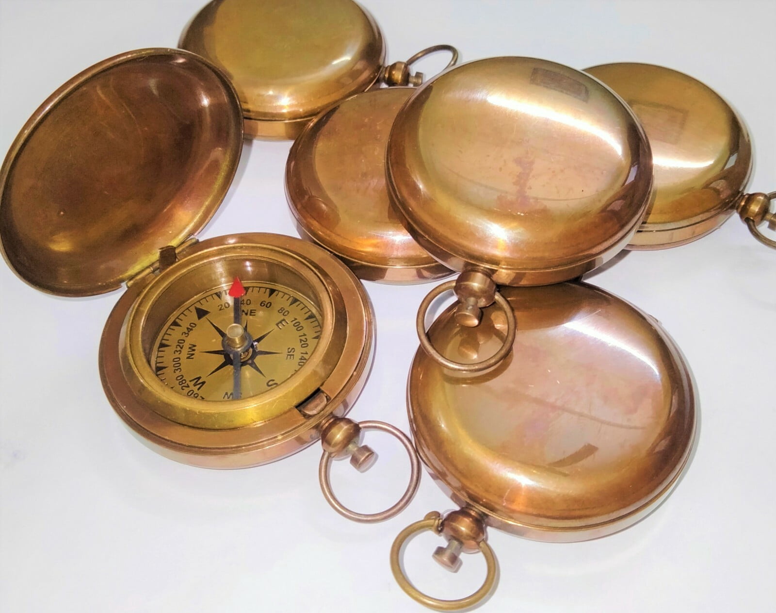 Antique Brown Set of 12 Brass Push Button Pocket Lid Compass Nautical Compass