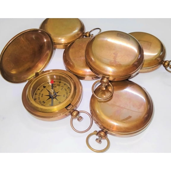 Antique Brown Set of 12 Brass Push Button Pocket Lid Compass Nautical Compass