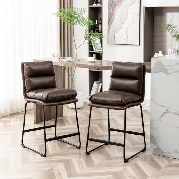 Antique Brown, Set of 2 Stools - Detailed Stitching Aesthetic, Floor Protectors Included - Enhance Your Dining Area