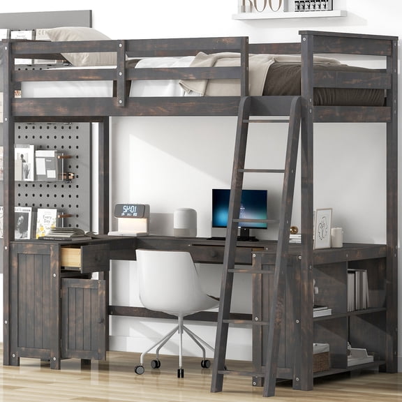 Antique Brown Twin Loft Bed With U-shaped Desk, Storage Shelves And Drawer Trays For Bedroom Functionality Size Drawers