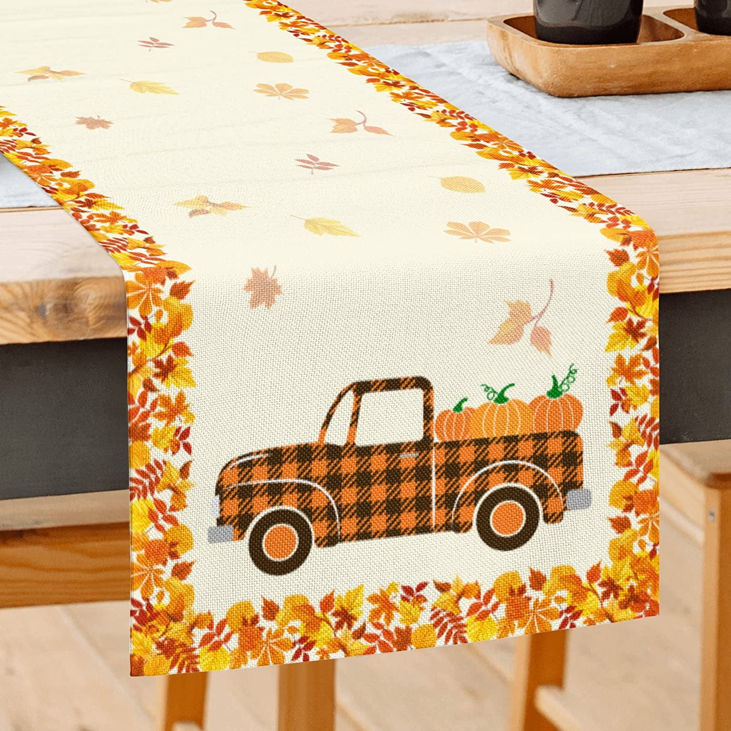 Antique Brown Wood Plank Linen Stain Resistant Table Runner for Cafe