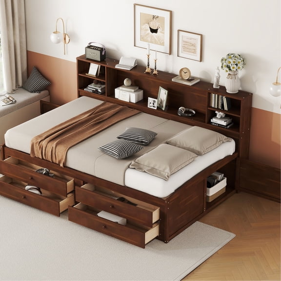 Antique Brown Wooden Bed With 4 Drawers, 2 Cabinets And Incorporated Storage For Full Built-in Shelf System