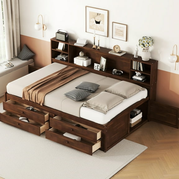 Antique Brown Wooden Bed With 4 Storage Drawers, 2 Cabinets And Built-in Shelving Unit Full Size Shelves In Brownish