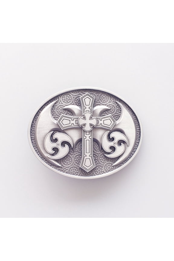 Antique Brushed Silver Celtic Cross Oval Belt Buckle