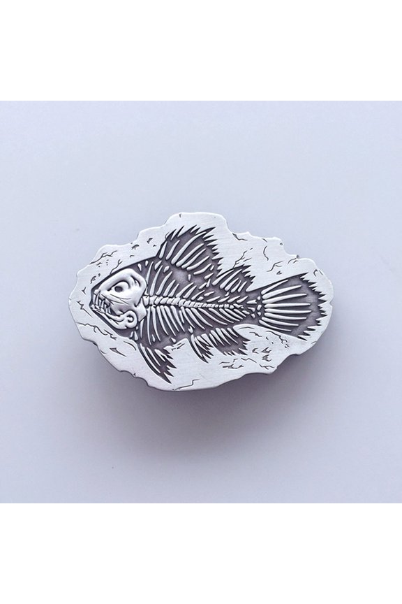 Antique Brushed Silver Fish Bone Fossil Belt Buckle