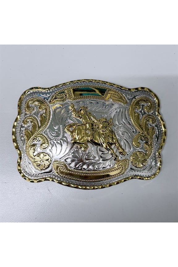 Large Size Bright Silver With Gold Western Rodeo Cowboy Cowgirl Belt Buckle