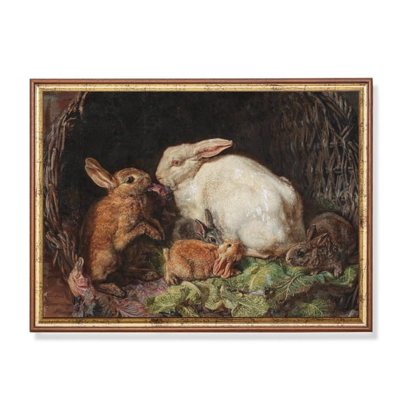 Antique Bunny Poster Mother and Baby Rabbits in Basket Unframed Paper Print
