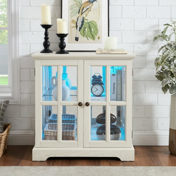 Antique Cabinet With Remote Control, Smooth Tabletop, Adjustable Shelves, Home Storage Furniture, Led Lights, White