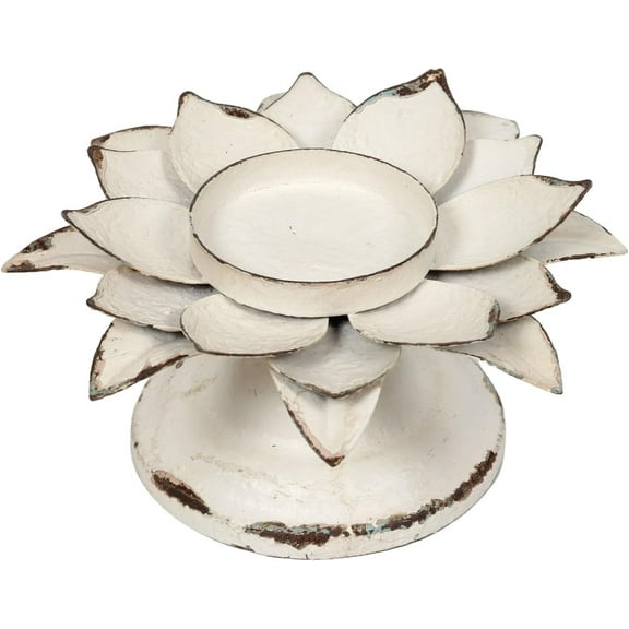 Pillar Candle Holders - Rustic Metal Farmhouse Candle Stand, Distressed White Lotus Design for Centerpiece, Dining, Coffee Table Decor