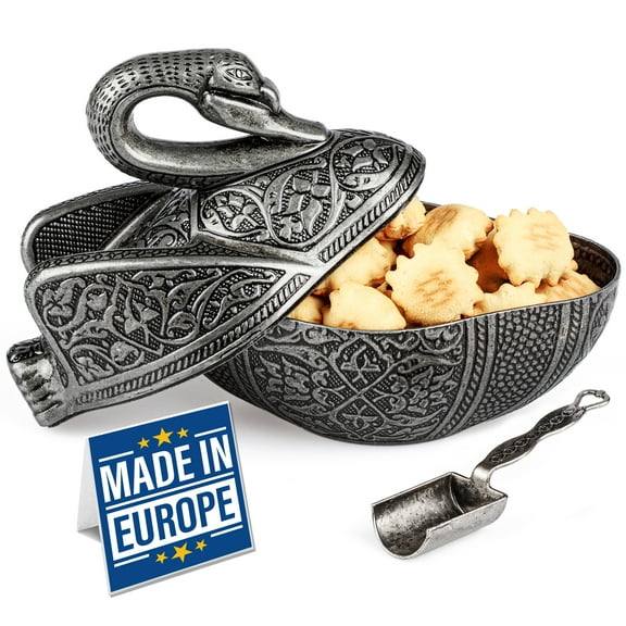 Antique Candy Serving Bowl with Lid, Authentic Fancy Sugar Bowl, Ottoman Style Metal Swan Turkish Delight Serving Dish, Silver Decorative Centerpieces Dish