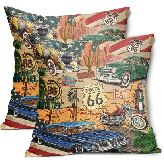 Antique Car Pillow Covers 16x16 Inch Old Classic Car Vintage Route 66 Motorcycle Shabby Chic Cotton Linen Decorative Throw Pillow Case Cushion Cover Set of 2 for Bedroom Sofa Living Room Couch Chair