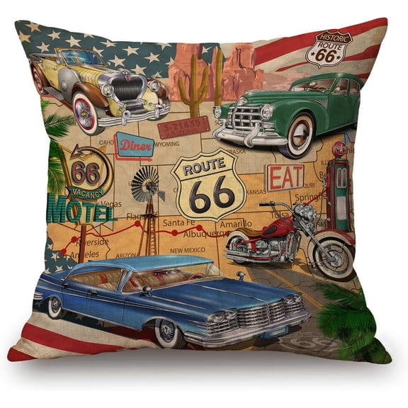 Antique Car Throw Pillow Cover, Old Classic Car Theme American Vintage Route 66 Diner Motorcycle Shabby Chic Home Decor Pillowcase for Sofa 18x18 Inches