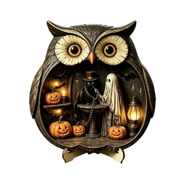 Antique Carved Hollow Owl Ornament, 4 Different Spooky Mini Scene Inside Owl Resin Statue for Fall Halloween Coffee Mantel Holiday Gift