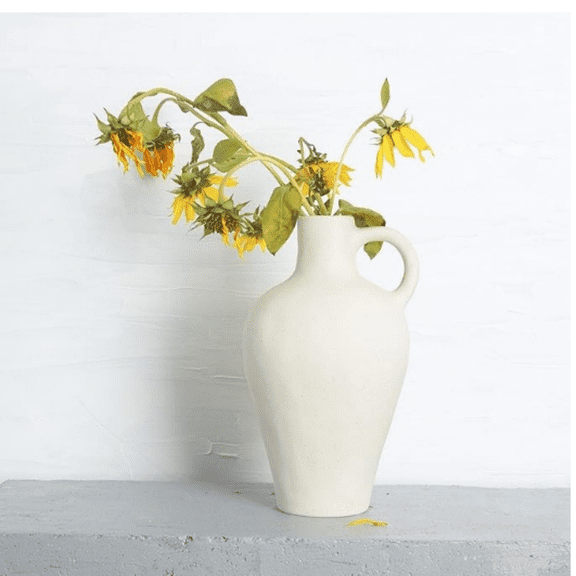 Antique Ceramic White Vase for Home Decor, Stoneware Jug for Room Centerpiece, Rustic, Farmhouse and Vintage Pottery Gifts, Matte, with Handle-Height 10