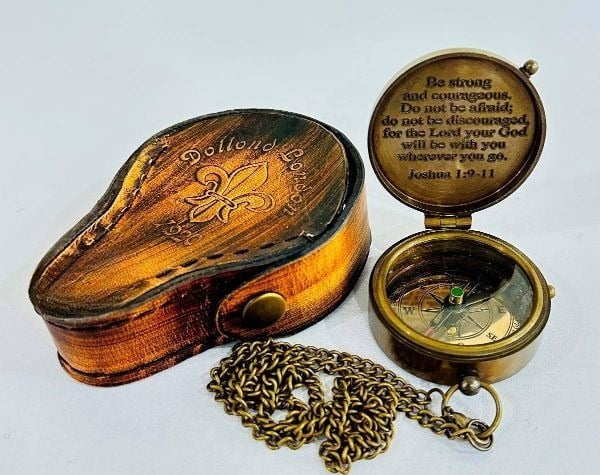 Antique Chain Compass for Hiking Nautical Brass Pocket with Engraved On Leather Case