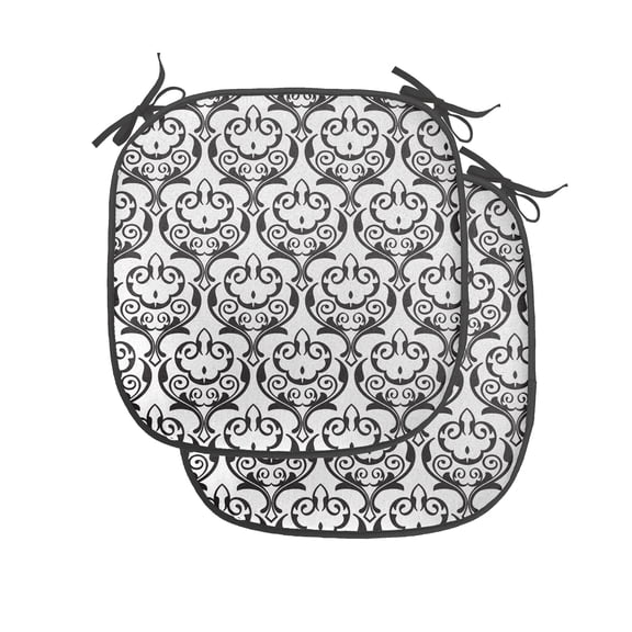 Antique Chair Seating Cushion Set of 4, Monochromatic Repetitive Pattern of Classic Baroque Swirls Motif Print, Seat Pads with Anti-slip Backing, 16"x16", Charcoal Grey and White, by Ambesonne