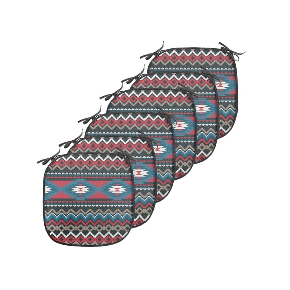 Antique Chair Seating Cushion Set of 6, Prehistoric Style Folkloric Striped Design Antique Mayan Patterns, Seat Pads for Office with Anti-slip Backing, 16"x16", Black Blue Coral, by Ambesonne