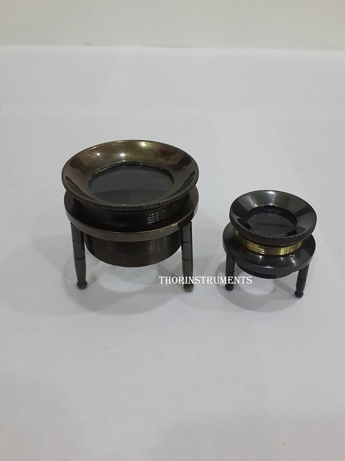 Antique Chart Magnifier Set of 2 - Tripod Magnifying Glass In Brass