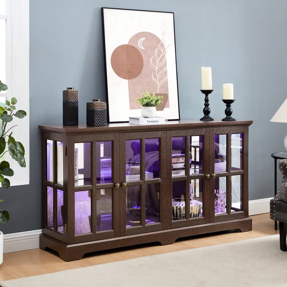 Antique Cherry Cabinet With Adjustable Shelves And Multi-color Led Lights Gorgeous Display Glass Vintage Metal Handles