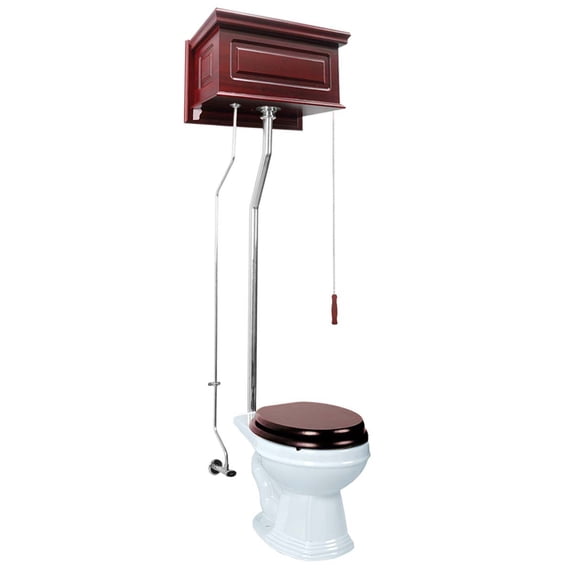 Antique Cherry Finish High Tank Pull Chain Toilet Wooden Raised Tank Round Rear Entry Porcelain Bowl and Chrome L Pipes Adjustable Height 70" - 74" w/Hardware Renovators Supply