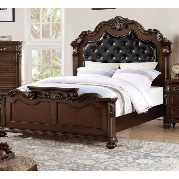 Antique Cherry Queen Size Bed With Unique Carving Design And Headboard Gorgeous Faux Leather Color
