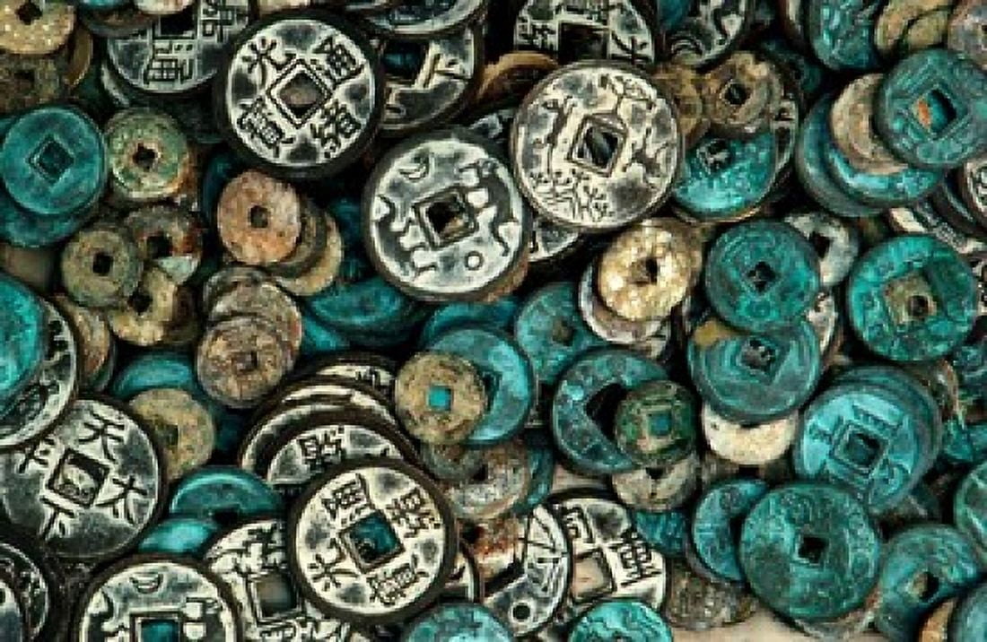 Antique Chinese Coins and Reproductions at a Street Market Shandong Province Jinan China Canvas Art - Bruce Behnke DanitaDelimont (34 x 22)