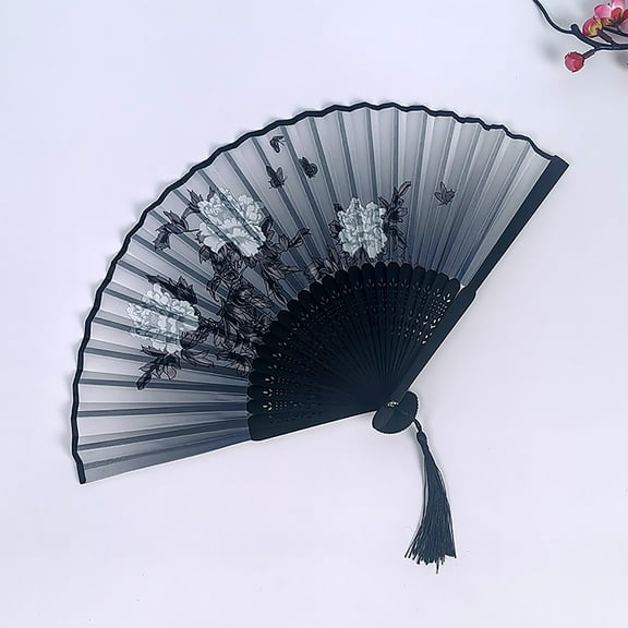 Antique Chinese Folding Fan, Traditional Dance Fan For Stage Performances And Cultural Events, Black With White Floral Patterns Tassel Fan Bamboo Frame Lightweight And Easy To